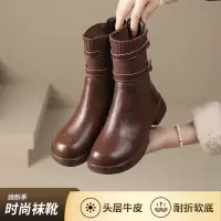 秋冬季厚底针织靴软底加绒短真皮袜子靴复古风大码瘦瘦马丁靴