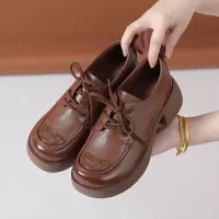 厚底乐福鞋真皮单鞋新款增高软底女鞋复古英伦风系带小皮鞋
