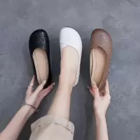 春秋新款真皮绣花低跟妈妈鞋圆头舒适浅口复古软皮软底乐福鞋