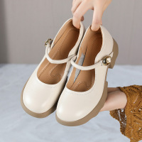 真皮一字带玛丽珍鞋女粗跟中跟24秋季新款简约大码百搭休闲单鞋女
