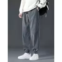 灯芯绒裤子男士秋季新款港风纯色简约宽松型运动束脚卫裤