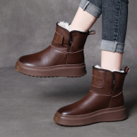 头层牛皮保暖雪地靴女冬季新款加绒加厚棉鞋套筒混纺羊毛真皮靴