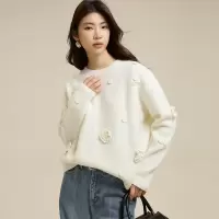 【定制款】美利奴纯羊毛毛衣女钩花套头针织衫秋冬慵懒风加厚毛衣