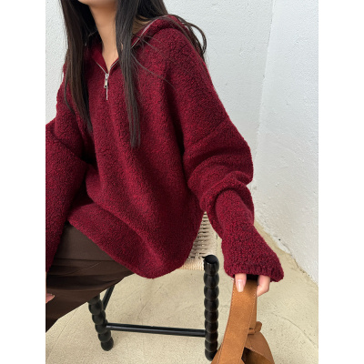 小单定制纯羊毛连帽针织衫超厚卫衣女圈圈纱毛衣女秋冬半拉链上衣