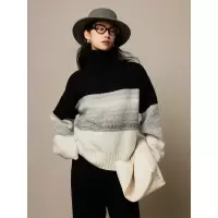美丽诺 G克重全羊毛撞色高领毛衣女厚款24秋冬条纹宽松针织衫上衣