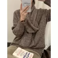 美丽诺 V领羊毛针织衫女带围脖两件套秋冬新款夹花宽松套头厚毛衣