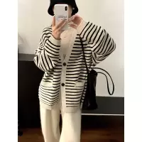 美利奴高克重纯羊毛开衫女条纹毛衣外套秋冬新款慵懒花纱撞色上衣