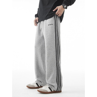 冬季热力绒男士加绒卫裤新款三条杠直筒垂感保暖加厚款男生休闲裤