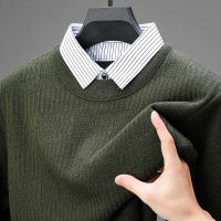 假两件毛衣男加绒加厚冬季新款中年翻领保暖长袖打底男士针织衫