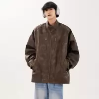 皮衣男春秋季新款夹克美式宽松复古痞帅机车百搭立领外套时尚上衣