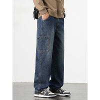 春季新款大口袋工装牛仔裤男生复古高街美式宽松休闲男士直筒长裤