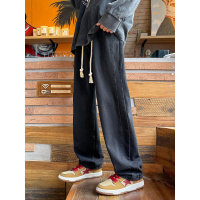 春季松紧腰直筒牛仔裤男 高街时尚潮流百搭宽松阔腿长裤ins风