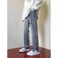 春秋季修身小脚牛仔裤男美式街头黑色侧排扣开叉破洞裤子休闲男装