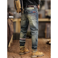 美式高街个性潮牌牛仔裤男生潮痞帅复古做旧水洗刮烂修身直筒长裤