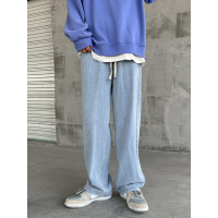 青年男式牛仔裤系带松紧腰设计宽松港风时尚潮牌直筒休闲裤早春款