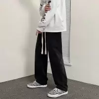 直筒牛仔裤男士春夏季薄款高街复古麻绳腰带垂感阔腿长裤