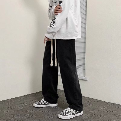 直筒牛仔裤男士春夏季薄款高街复古麻绳腰带垂感阔腿长裤