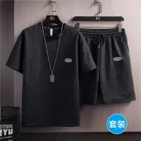 华夫格短袖套装港风宽松大码纯色简约贴标青少年雪山上衣