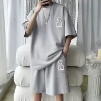 华夫格短袖套装男士港风宽松大码时尚潮流小熊印花五分袖