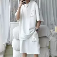 华夫格短袖套装男士港风宽松大码时尚潮流小熊印花五分袖