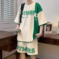 港风宽松套装夏季新款拼色个性青少年华夫格五分袖两件套