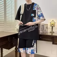 短袖套装男夏季新款个性印花潮流港风宽松型青少年五分袖