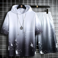 连帽短袖短裤套装夏季新款扎染水墨风时尚潮流宽松薄款五分袖