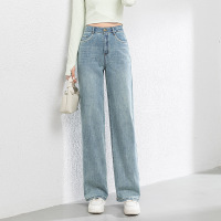 2025年春季新款撞色垂感窄版阔腿长裤韩版浅蓝色牛仔裤女