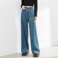 2025年春季新款橡筋腰宽松阔腿裤女高腰抽绳牛仔拖地长裤