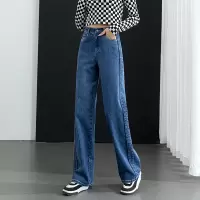 侧缝撞色拼接长条阔腿裤2025春季水洗韩版影牛仔裤女