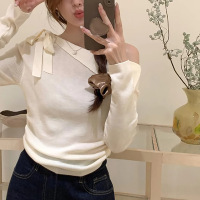 一字肩T恤针织衫女早秋新款设计感小众法式修身打底衫露肩上衣潮