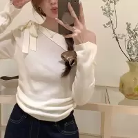 一字肩T恤针织衫女早秋新款设计感小众法式修身打底衫露肩上衣潮