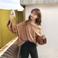 一字肩宽松长袖T恤女新款韩国女装宽松露肩上衣休闲打底衫卫衣女