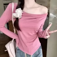不规则长袖T恤打底衫女春秋季新款修身显瘦甜辣妹纯色短款上衣ins