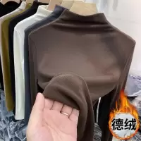 加厚双面德绒磨毛半高领修身保暖打底衫女秋冬纯色上衣长袖T恤女