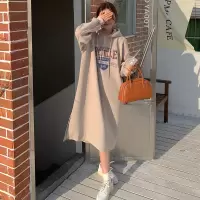 原宿风中长款卫衣女ins韩版条纹长袖连衣裙冬季韩版宽松过膝加绒