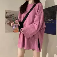 慵懒风开叉纯色长袖T恤女秋 韩国女装宽松上衣打底衫