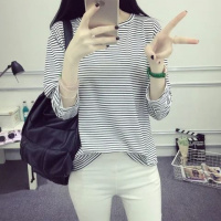 春秋新款韩版简约条纹上衣宽松长袖T恤女装学生百搭打底衫潮
