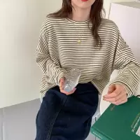 条纹打底衫内搭秋季女装薄款宽松新款圆领长袖T恤学生上衣潮