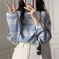 条纹长袖T恤慵懒风女装春秋季新款显瘦韩版设计感小众宽松上衣潮