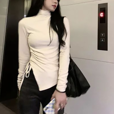 法式半高领上衣女德绒打底衫外穿秋冬修身百搭纯欲风别致保暖T恤