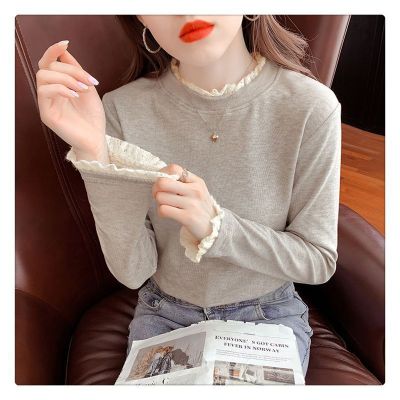 立领蕾丝打底衫女内搭半高领春秋季新款加绒长袖T恤设计感上衣潮