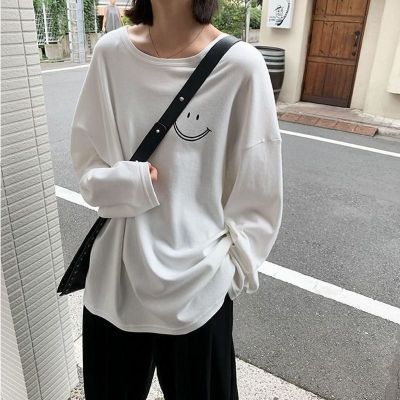 笑脸长袖印花T恤女秋季韩版新款圆领宽松女士打底衫上衣