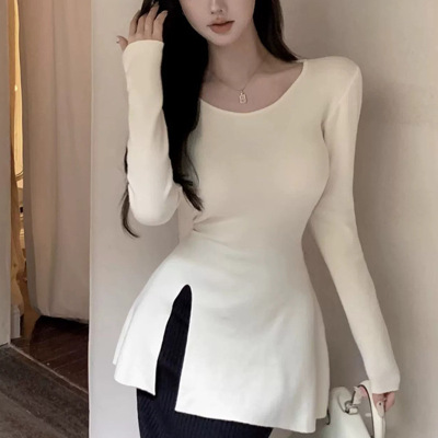 纯欲风辣妹长袖圆领针织衫女秋冬新款内搭设计感开叉打底衫上衣潮