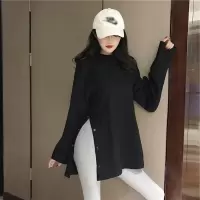 设计感韩国女装秋冬大码开叉打底衫中长款长袖白色T恤女纯色上衣