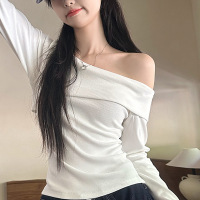 辣妹一字肩长袖T恤女秋季设计感修身内搭针织打底衫短款上衣新款
