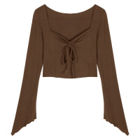 辣妹风性感低V领长袖T恤春秋新款束腰不规则修身抽褶露脐上衣女装