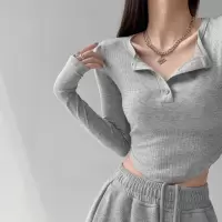 长袖T恤女秋季显瘦纯欲风半开领纯色打底衫修身显瘦辣妹短款上衣