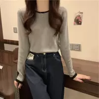 间色打底T恤女秋季新款长袖小众设计感修身圆领短款薄款上衣