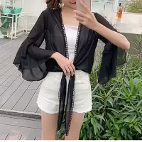 韩国女装宽松纽结无扣显瘦衫防晒衣上衣女外搭外套女喇叭袖开衫潮